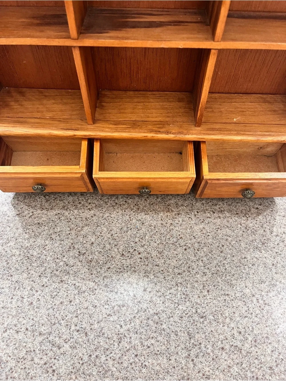 Vintage Wooden Multi-Cubby Trinket Wall Shelf with Drawers - Brown 14.75” tall